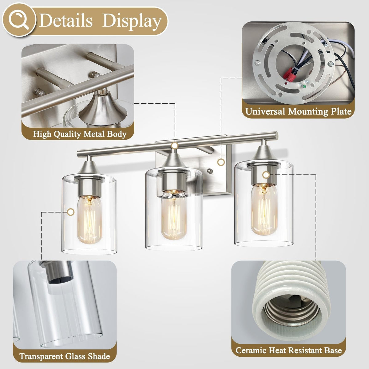 3-Light Brushed Nickel Bathroom Vanity Light Fixture Modern Wall Sconce