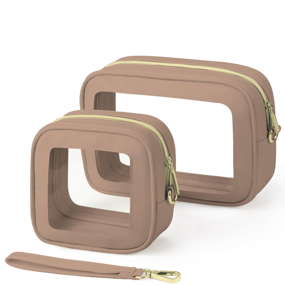 Clear Makeup & Toiletry Bags Set with Handles - Waterproof Khaki 2-Pack