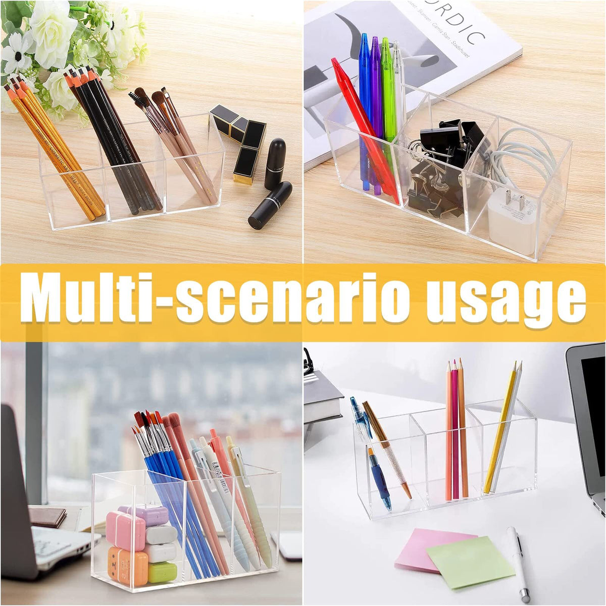 Clear Makeup Brush Holder Organizer with 3 Slots - Acrylic Storage Case