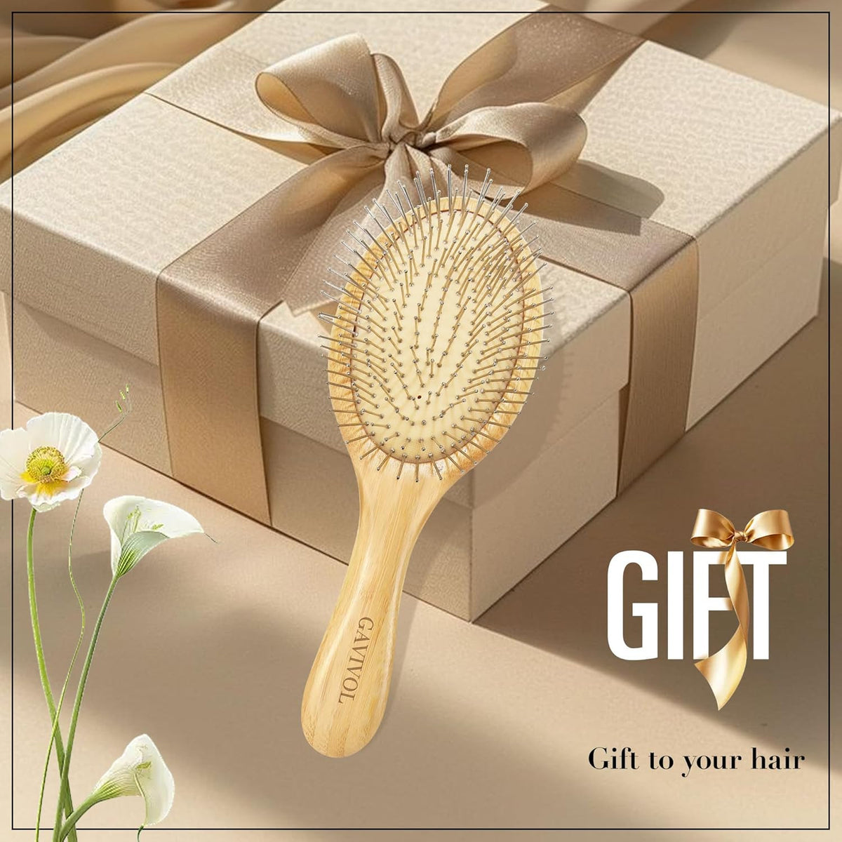 Bamboo Paddle Hair Brush with Steel Bristles for Detangling & Frizz Control