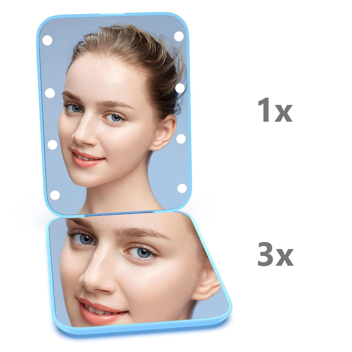 LED Compact Travel Makeup Mirror with 1X/3X Magnification & Light - Blue