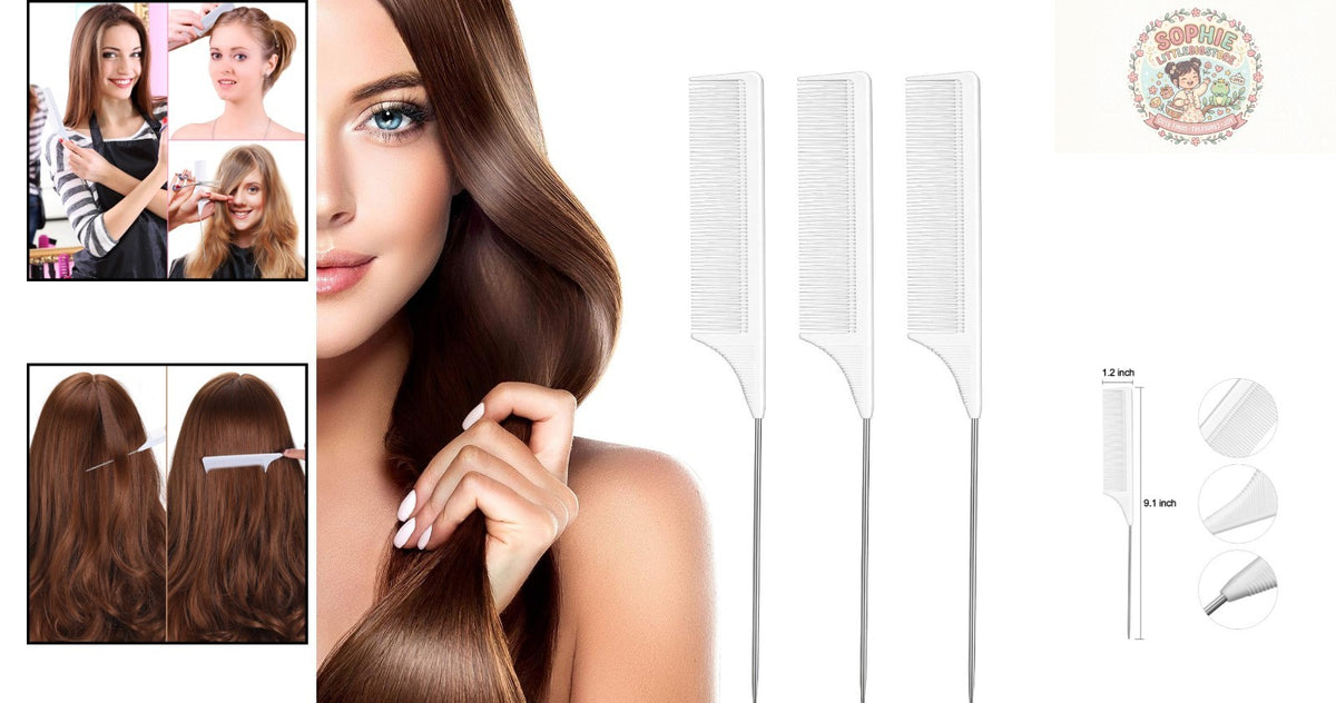 Lightweight 3-Pack Hair Combs with Stainless Steel Pintail for Styling
