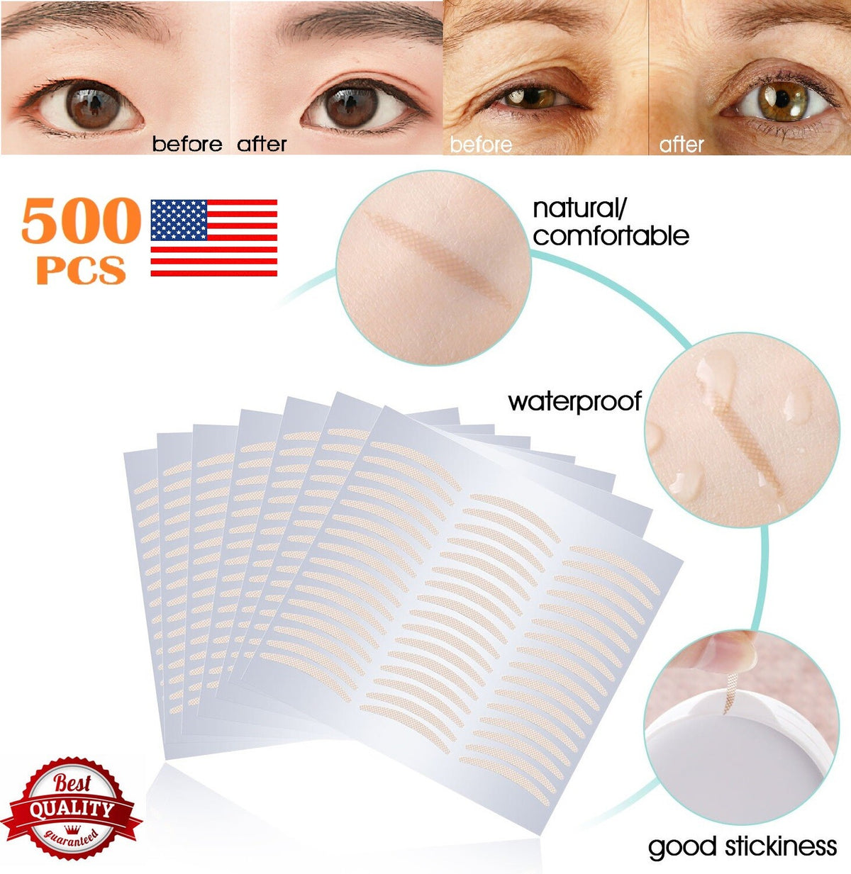 Invisible Double Eyelid Tape Strips - 500 Pcs, Waterproof & Breathable