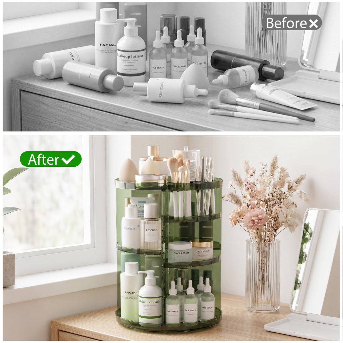 Rotating Makeup Organizer with Adjustable Layers - Clear Green, 360° Silent Spin