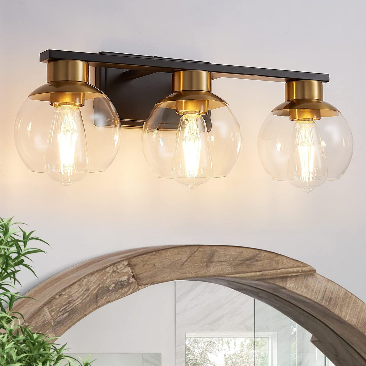 3-Light Bathroom Vanity Light Fixture in Black and Gold with Globe Glass Shades