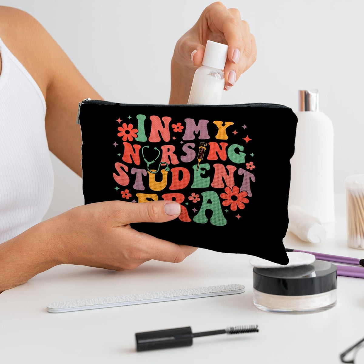 Nursing Student Makeup Bag - Waterproof Linen Cosmetic Pouch with Zipper