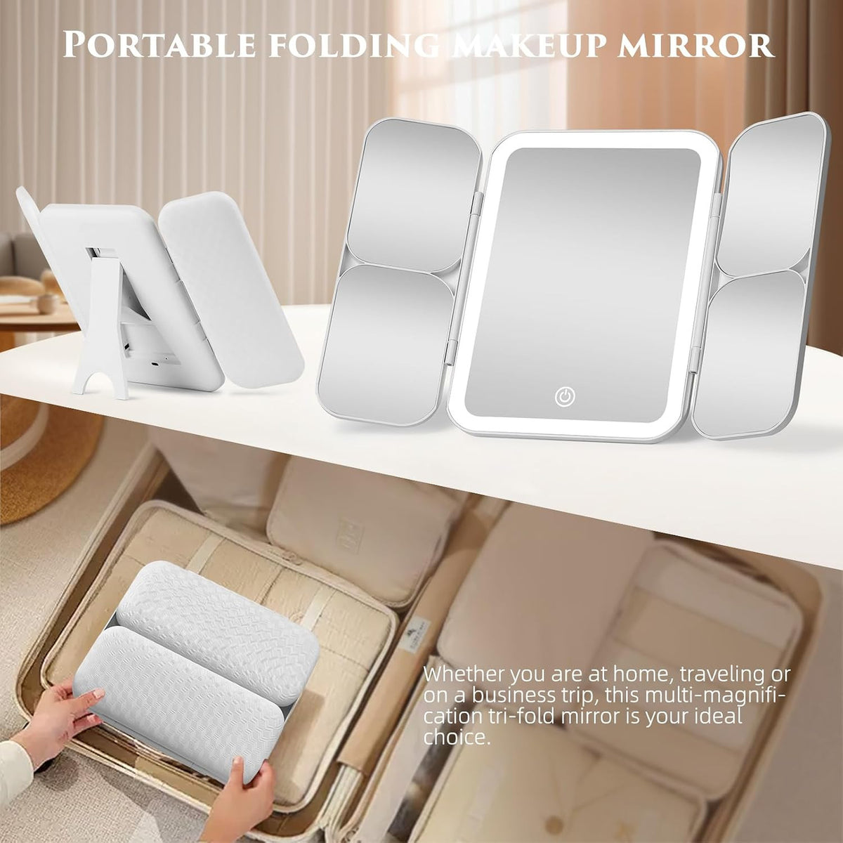 Tri-Fold Lighted Makeup Mirror with Magnification - Portable Dimmable Vanity