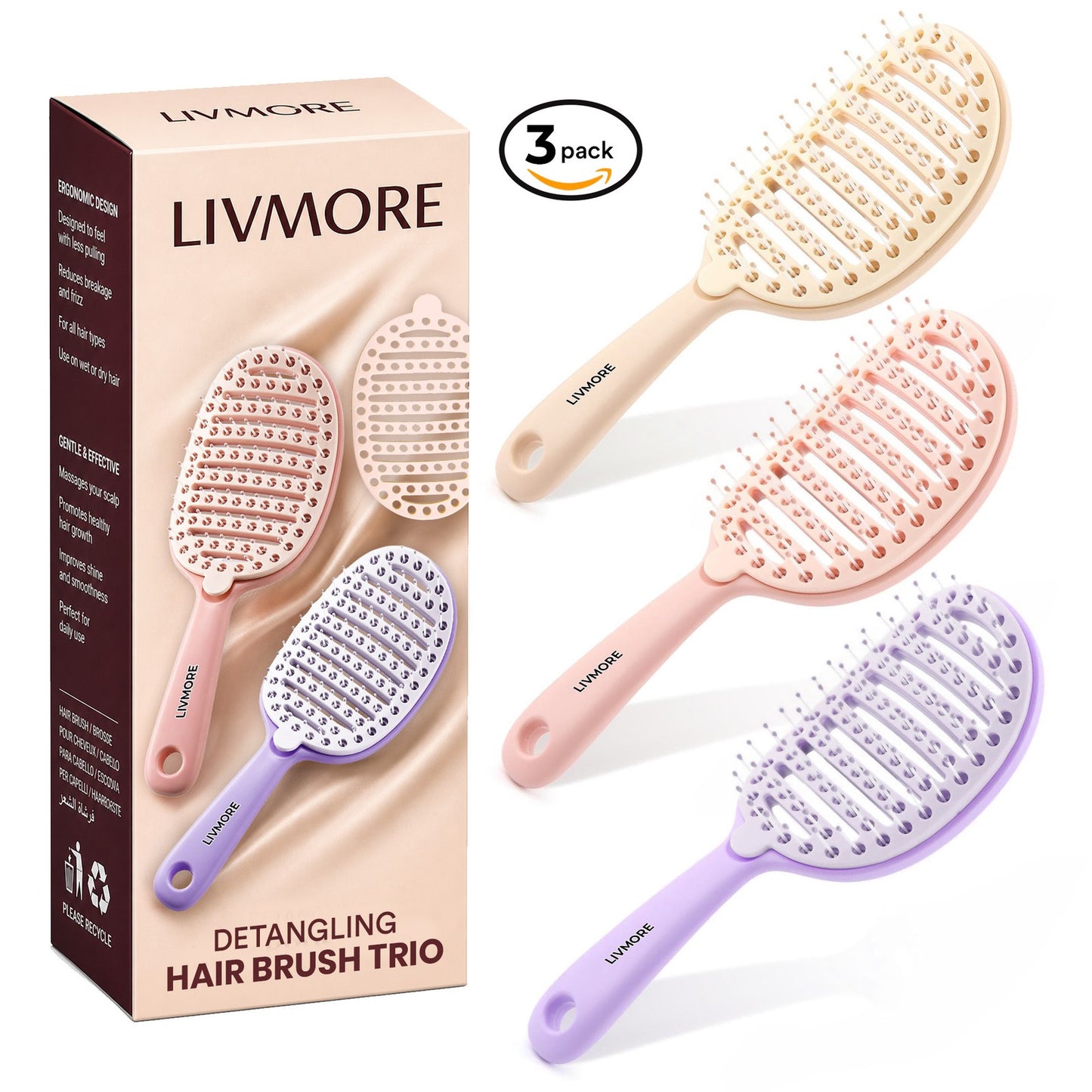 Set of 3 Detangler Hair Brushes Wet & Dry - Pink, Purple, Cream