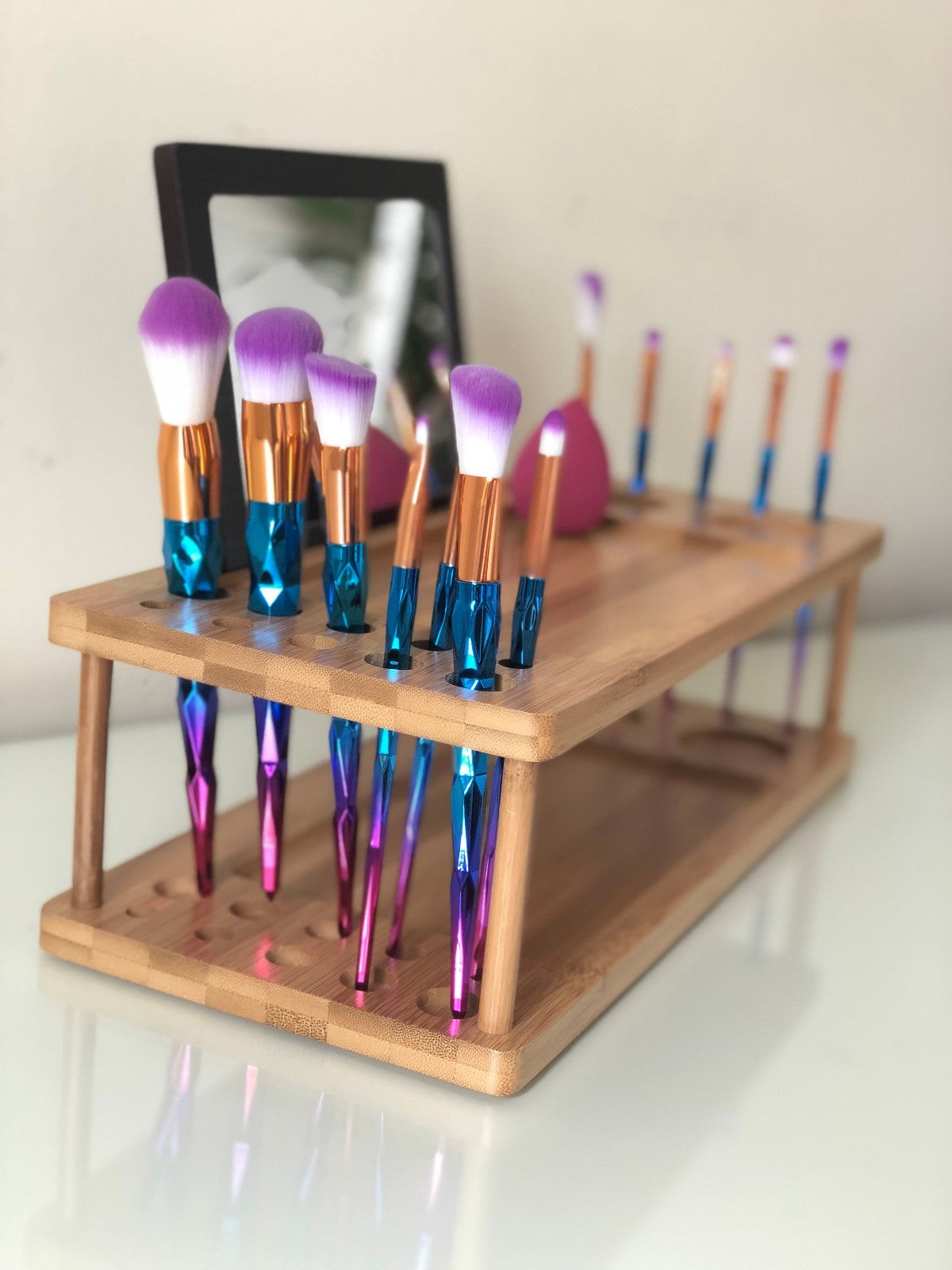 Makeup Vanity Tray with Mirror and Wooden Organizer - Eco-Friendly Bamboo