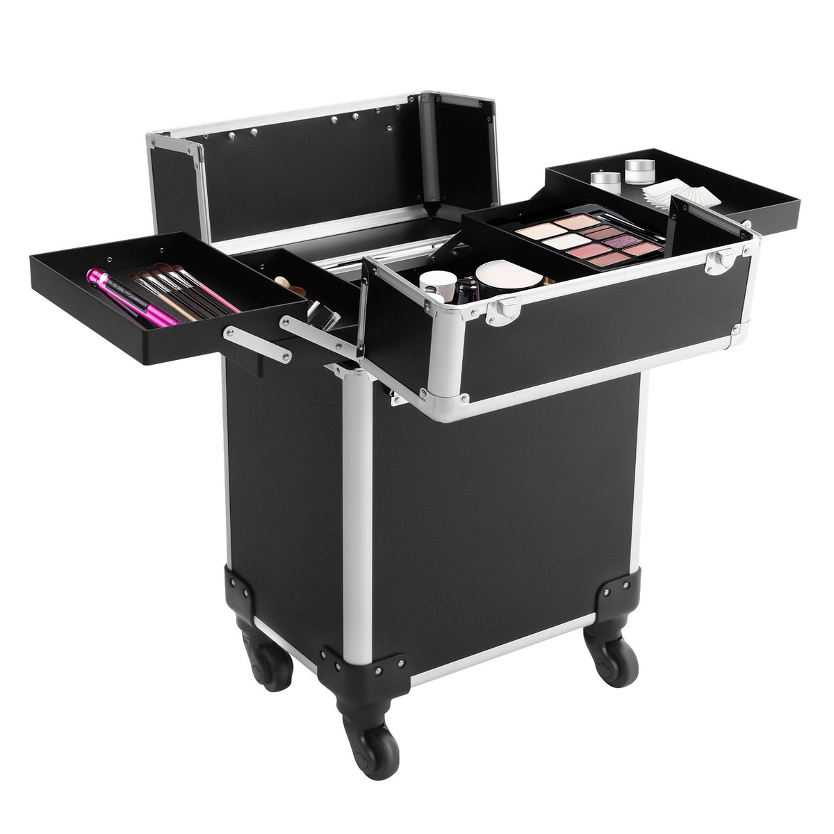 Black Travel Makeup Organizer Case with Wheels & Compartments