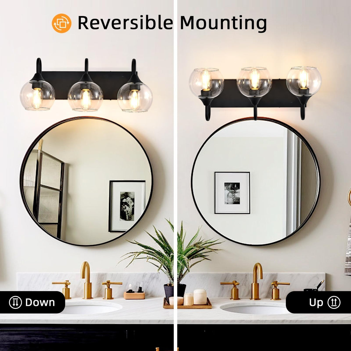 3-Light Matte Black Bathroom Vanity Light with Glass Globe Shades
