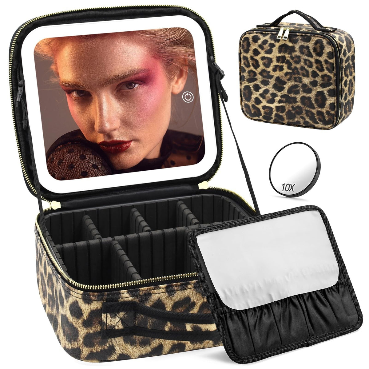 Travel Makeup Bag with Lighted Mirror & Adjustable Brightness - Leopard