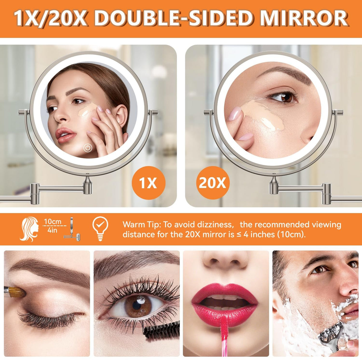 Wall Mounted Lighted Makeup Mirror 8In 1X/20X Magnification Rechargeable 3200mAh