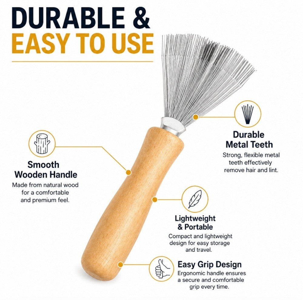 Hair Brush Cleaner Tool Metal Rake with Wooden Handle for Hair and Lint Removal
