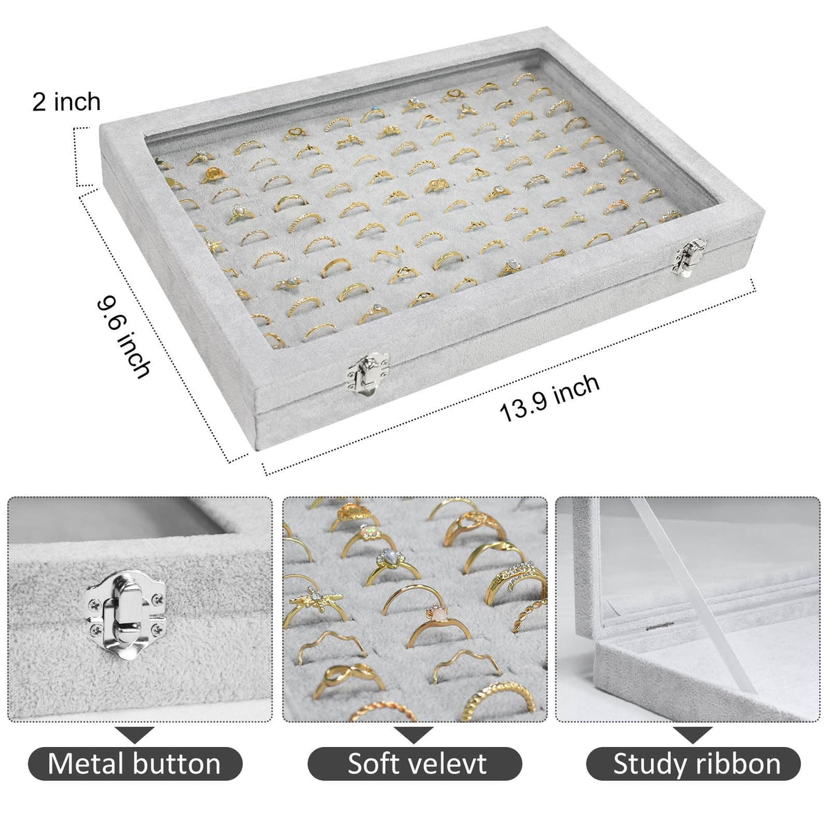 Jewelry Ring Display Organizer Case with Transparent Lid, Grey, Holds 100 Rings