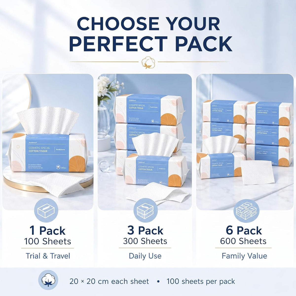 Cotton Face Tissues 6 Pack – 100% Dry Cleansing Wipes, Lint-Free Facial Towel