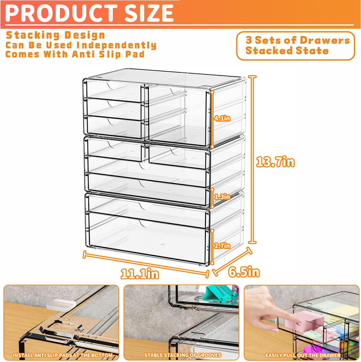 Stackable Clear Storage Drawers with 10 Compartments - Large Acrylic Organizer Set