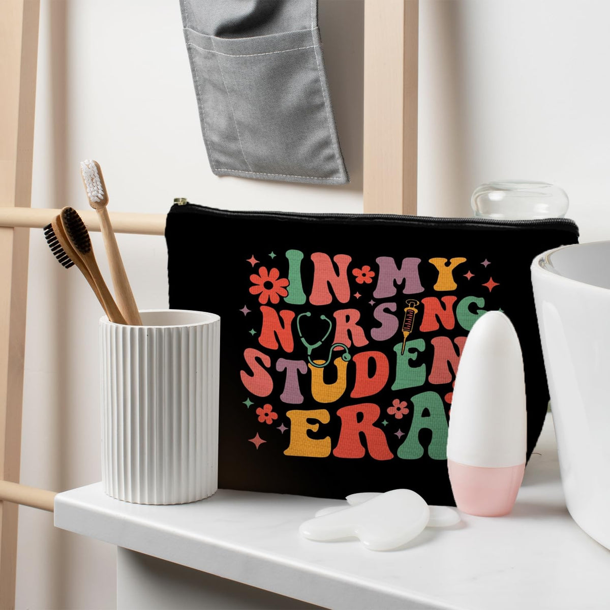 Nursing Student Makeup Bag - Waterproof Linen Cosmetic Pouch with Zipper