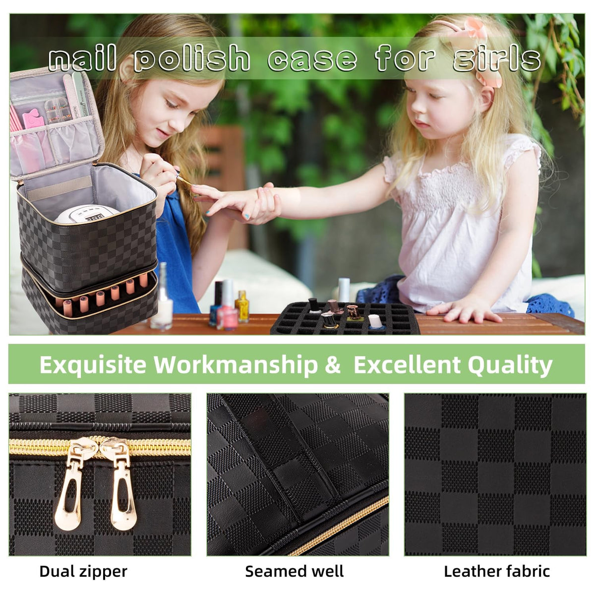 Checkered Black Nail Polish Organizer Bag 15ml Holds 30 Bottles Travel Case
