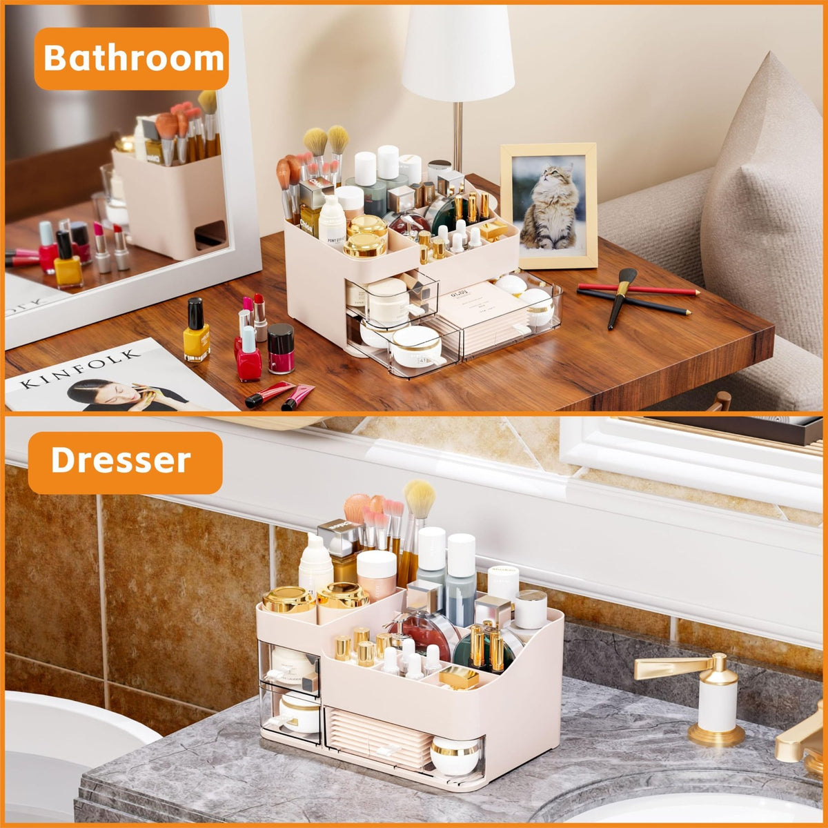 Pink Makeup Organizer with 3 Drawers - Large Vanity Storage for Skincare & Cosmetics