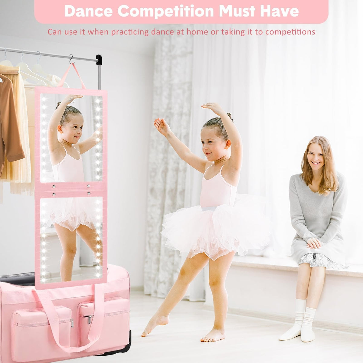 Rechargeable LED Folding Hanging Mirror for Dance Backstage Pink