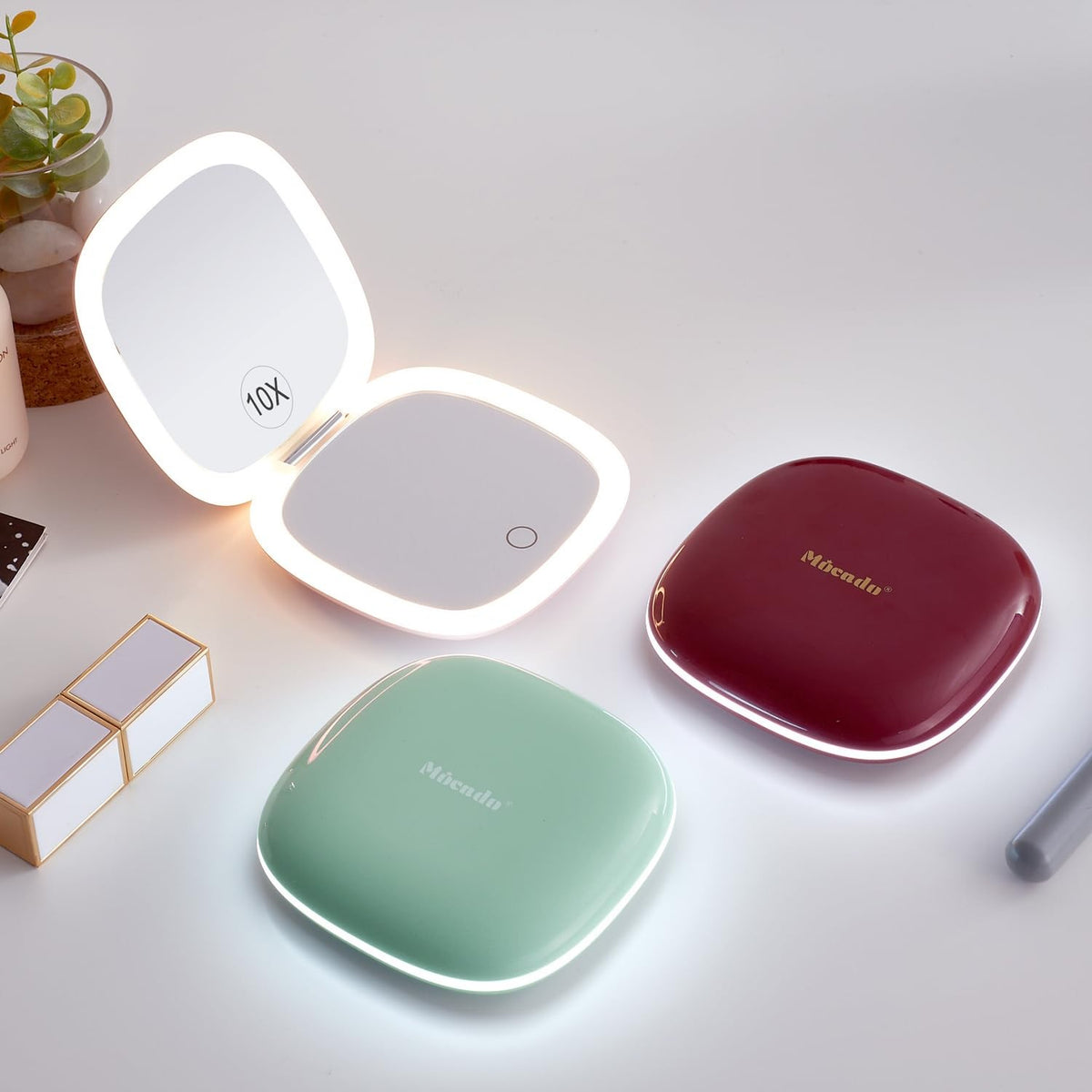 LED Travel Makeup Mirror with 1X/10X Magnification, USB Rechargeable, Compact Wine Red
