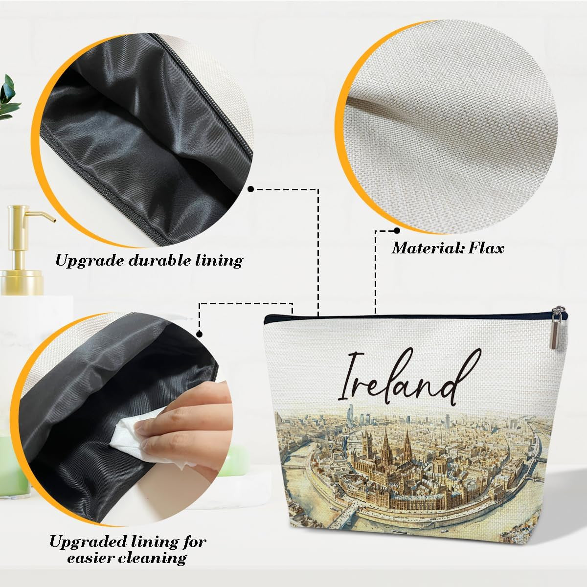 Ireland Travel Makeup Bag - Watercolor City Cosmetic Organizer, Waterproof
