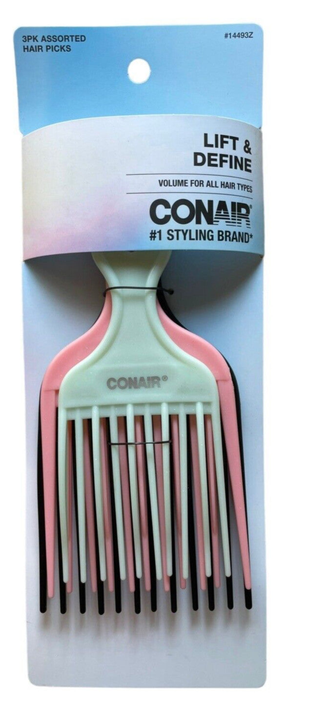 Lift & Define Hair Pick Combs - Assorted Colors - 3 Pack