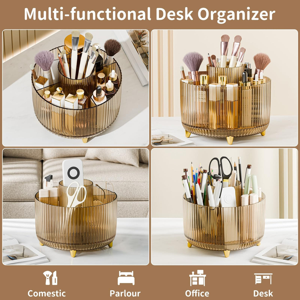 360° Rotating Makeup Brush Holder Organizer with Clear Amber Finish