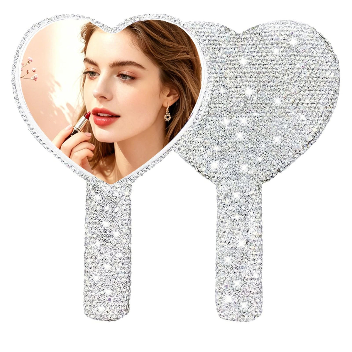 Heart-Shaped Rhinestone Handheld Mirror with Bling Glitter for Travel & Makeup