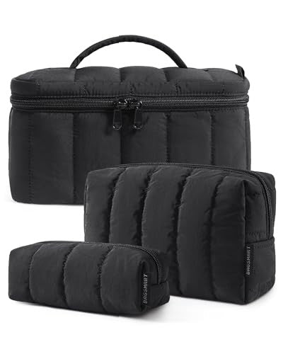 Travel Makeup Bag Set 3-Piece Puffy Cosmetic Organizer Pouch Black