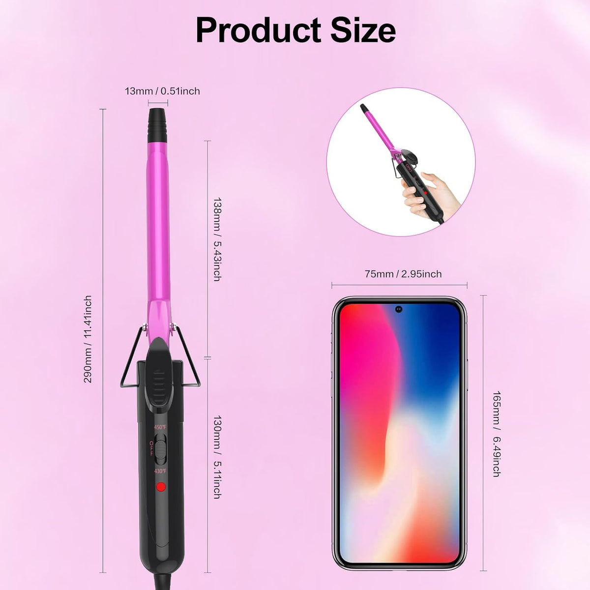 1/2 Inch Ceramic Curling Iron Wand - Small Travel-Size Hair Curler with Adjustable Temperature