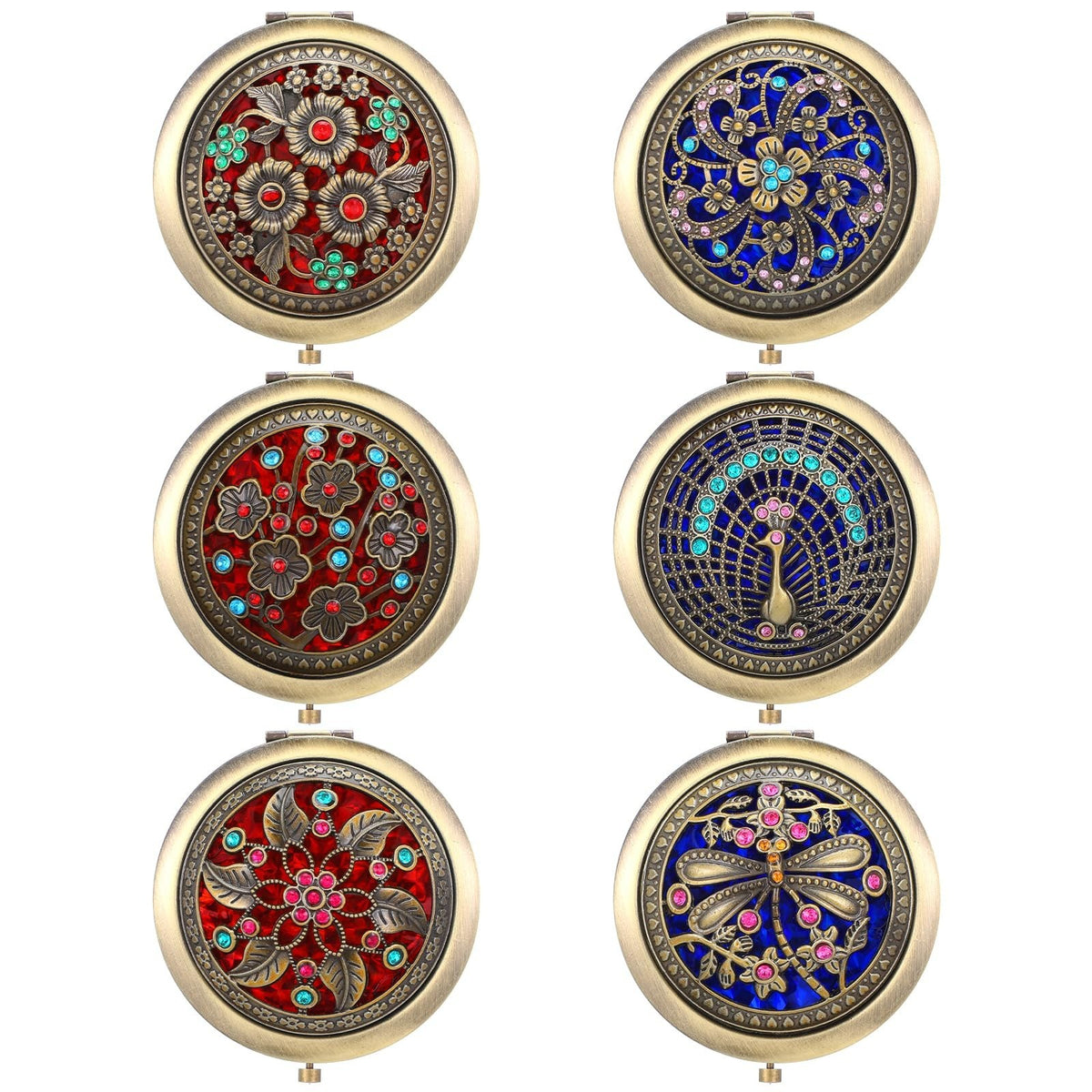 6 Pack Vintage Foldable Metal Travel Makeup Mirrors - Double Sided Compact