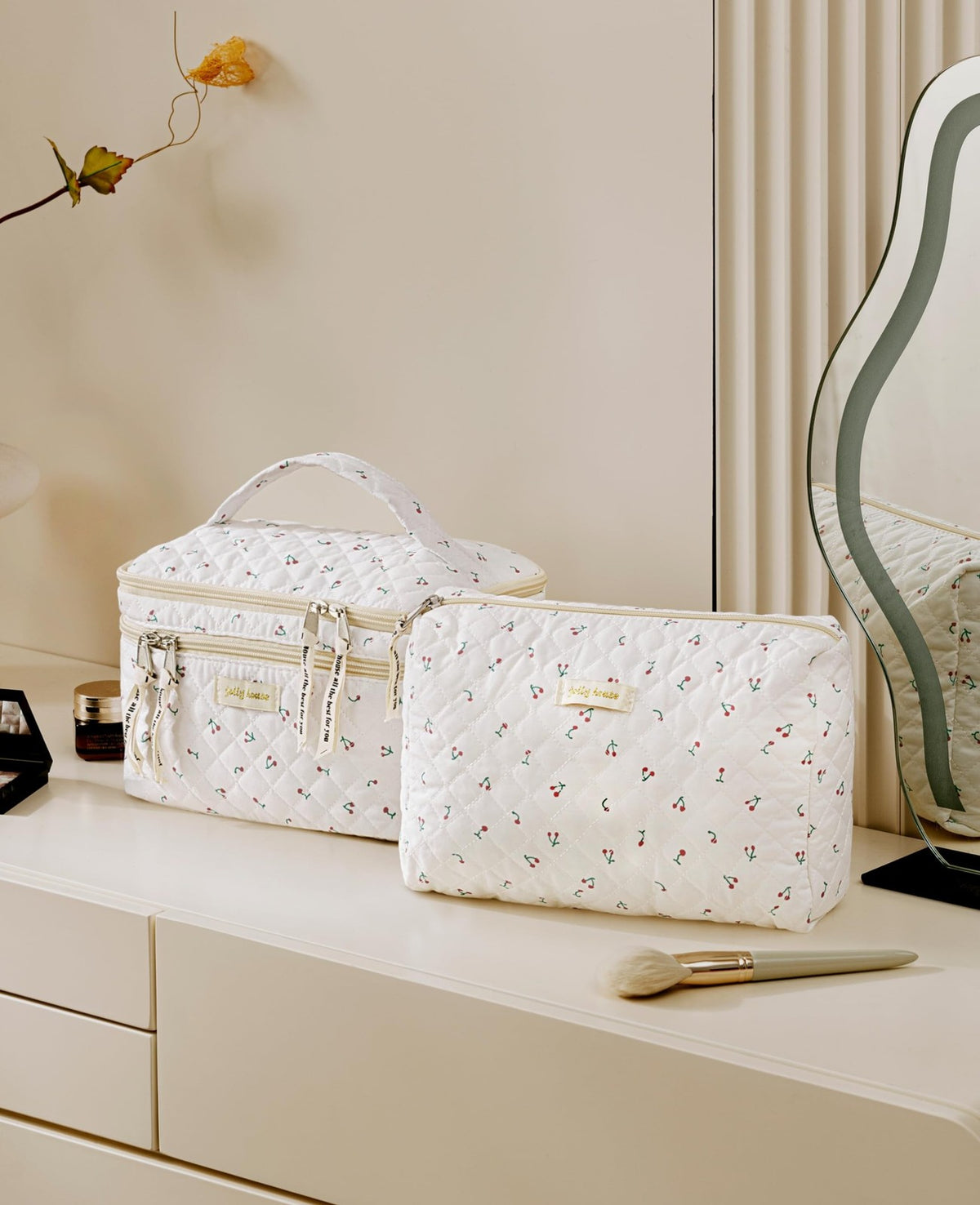 Large Cotton Quilted Travel Makeup Bag Set - Women Cosmetic Organizer