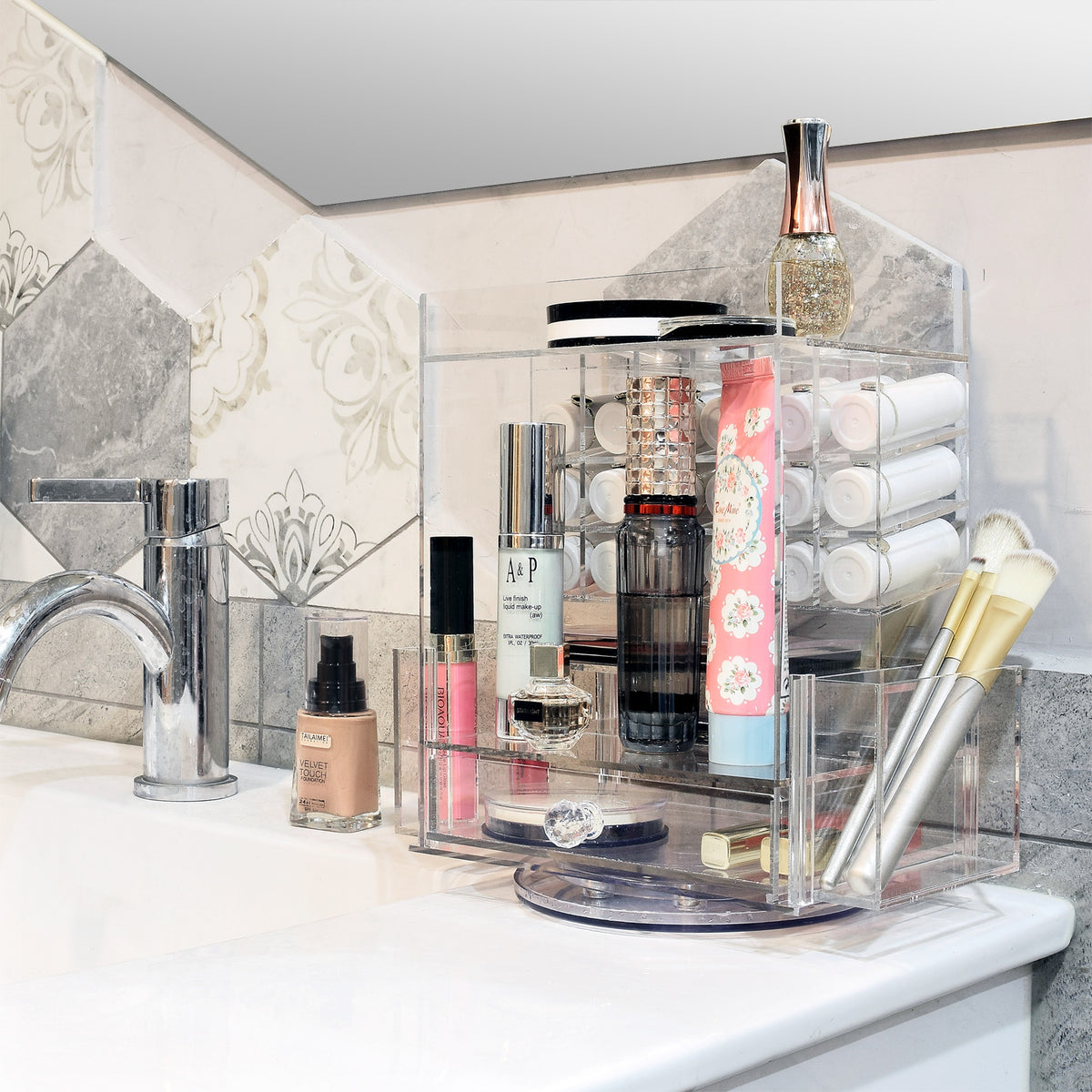 Rotating Acrylic Makeup Organizer with 18 Lipstick Slots & Compartments