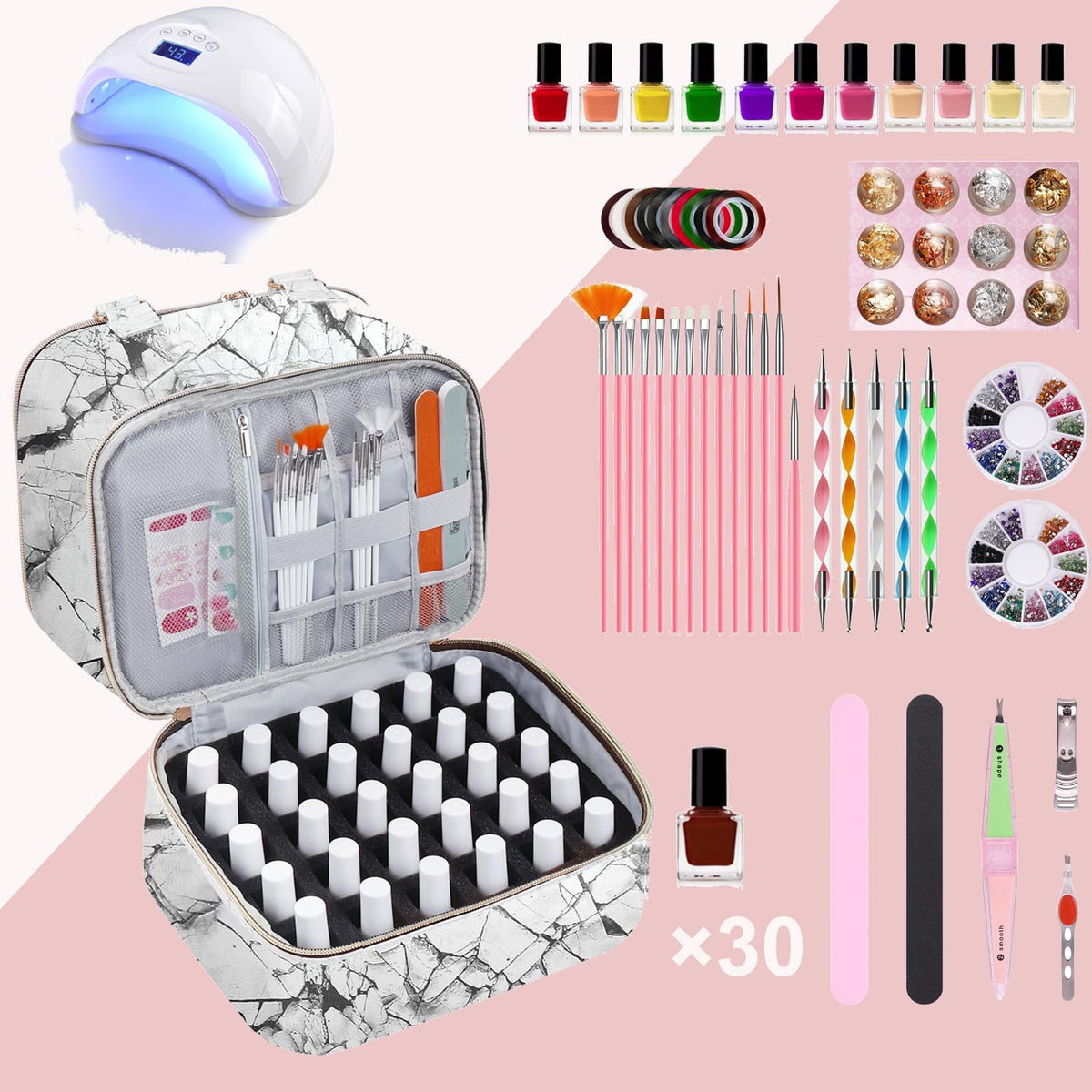 Double Layer Nail Polish Organizer Case Holds 30 Bottles & Lamp, White