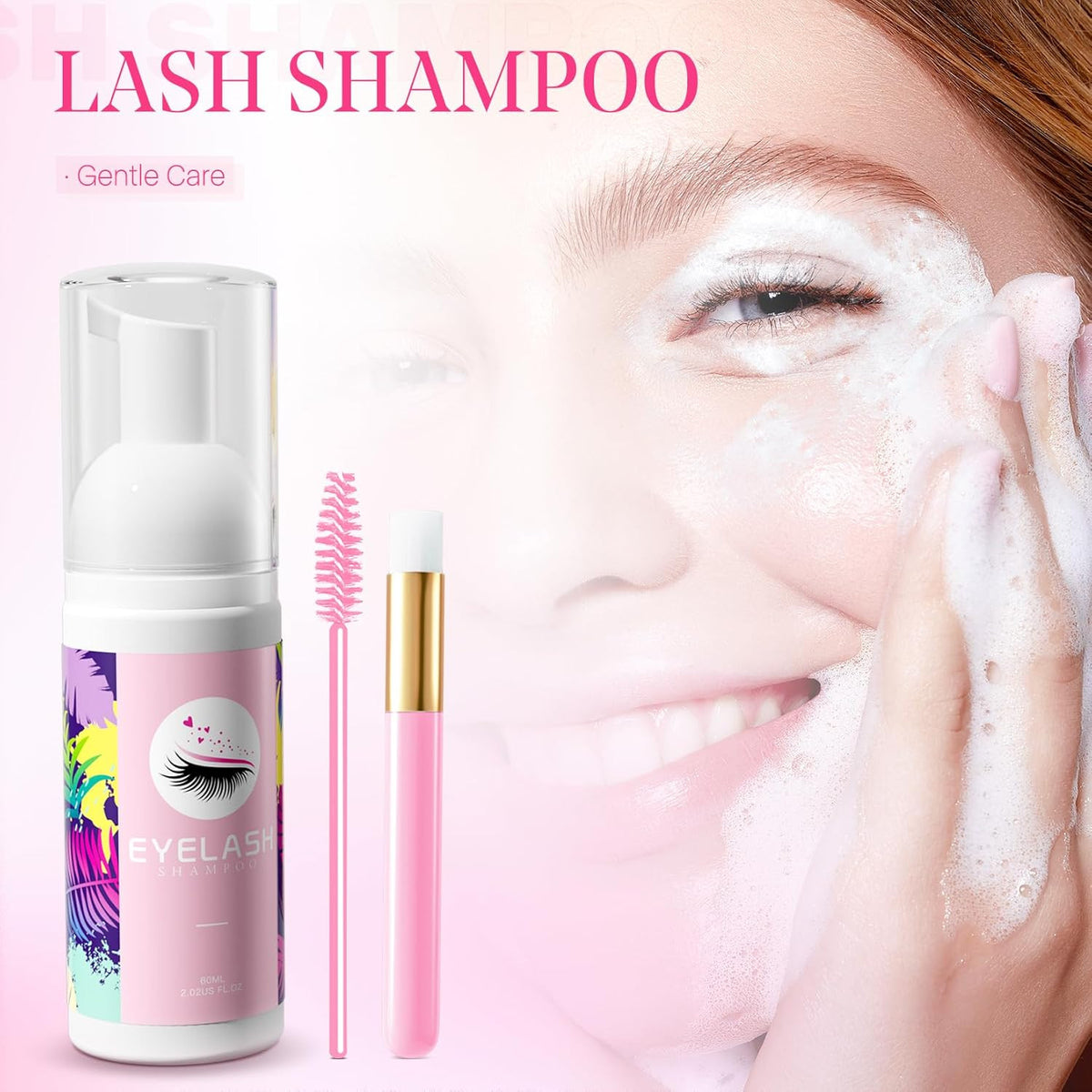 Eyelash Extension Lash Shampoo Kit - Gentle 60ml Cleanser & Brush Set