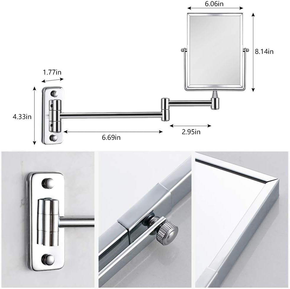 3X Magnifying Wall Mounted Vanity Makeup Mirror - 8x6 Inch Adjustable Chrome Frame