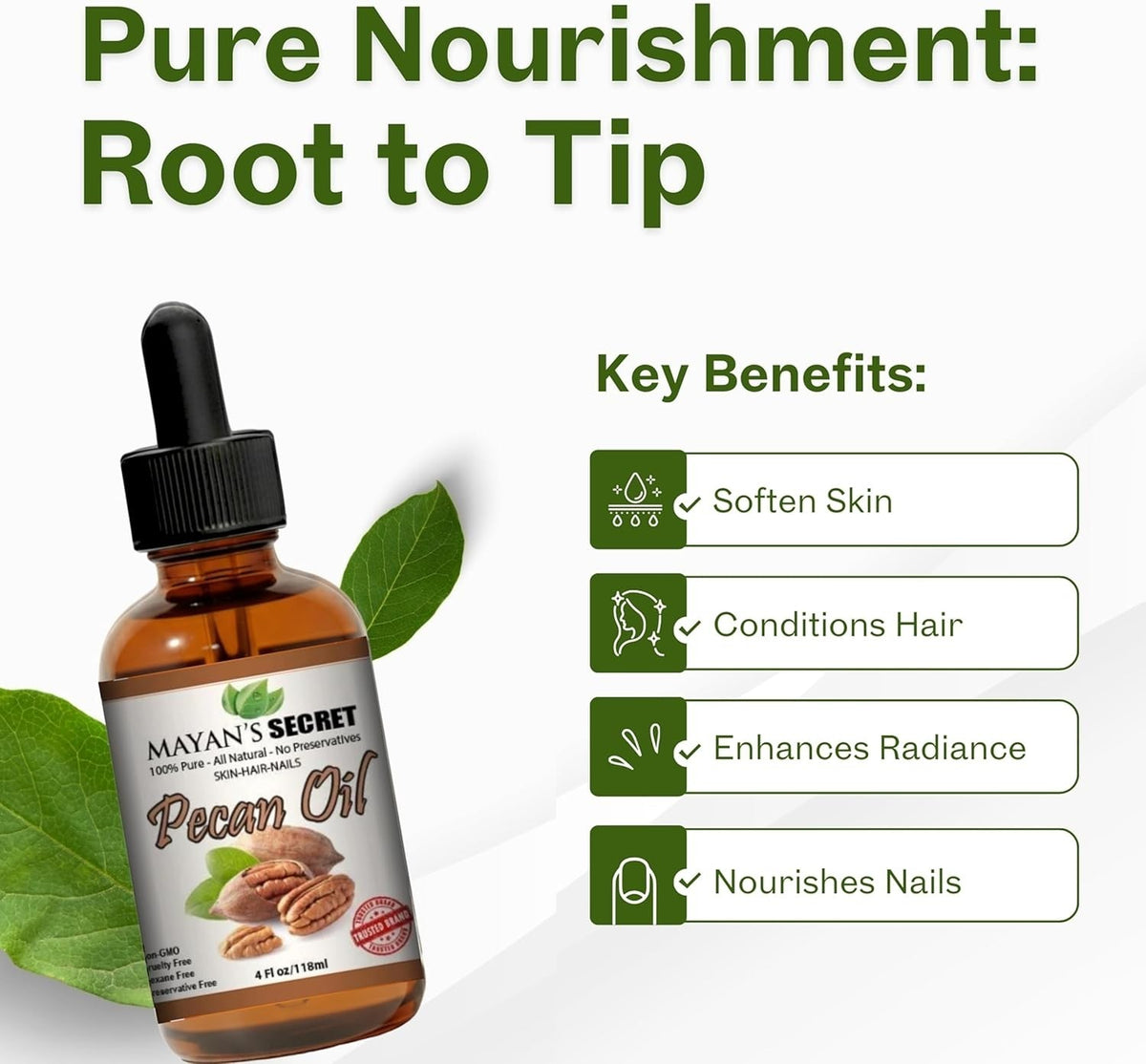 Pure Pecan Oil for Hair Skin Body Care - Cold Pressed 4oz
