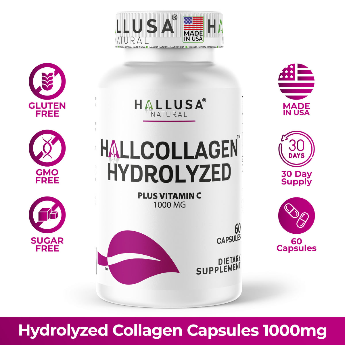 Hydrolyzed Collagen 1000mg with Vitamin C Capsules for Skin Hair Nails - Anti-Aging Support