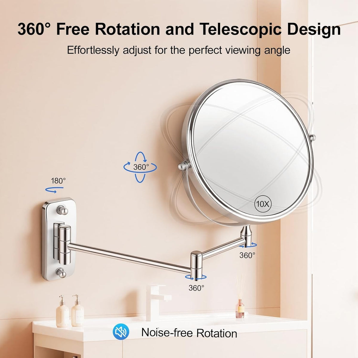 Wall Mount 10X Magnifying Makeup Mirror with 360° Rotation and Telescoping Arm