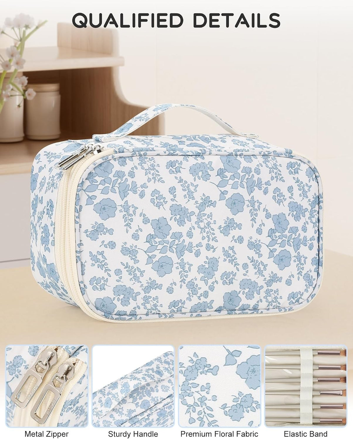 Travel Makeup Bag, Small Floral Cosmetic Organizer with Brush Compartments