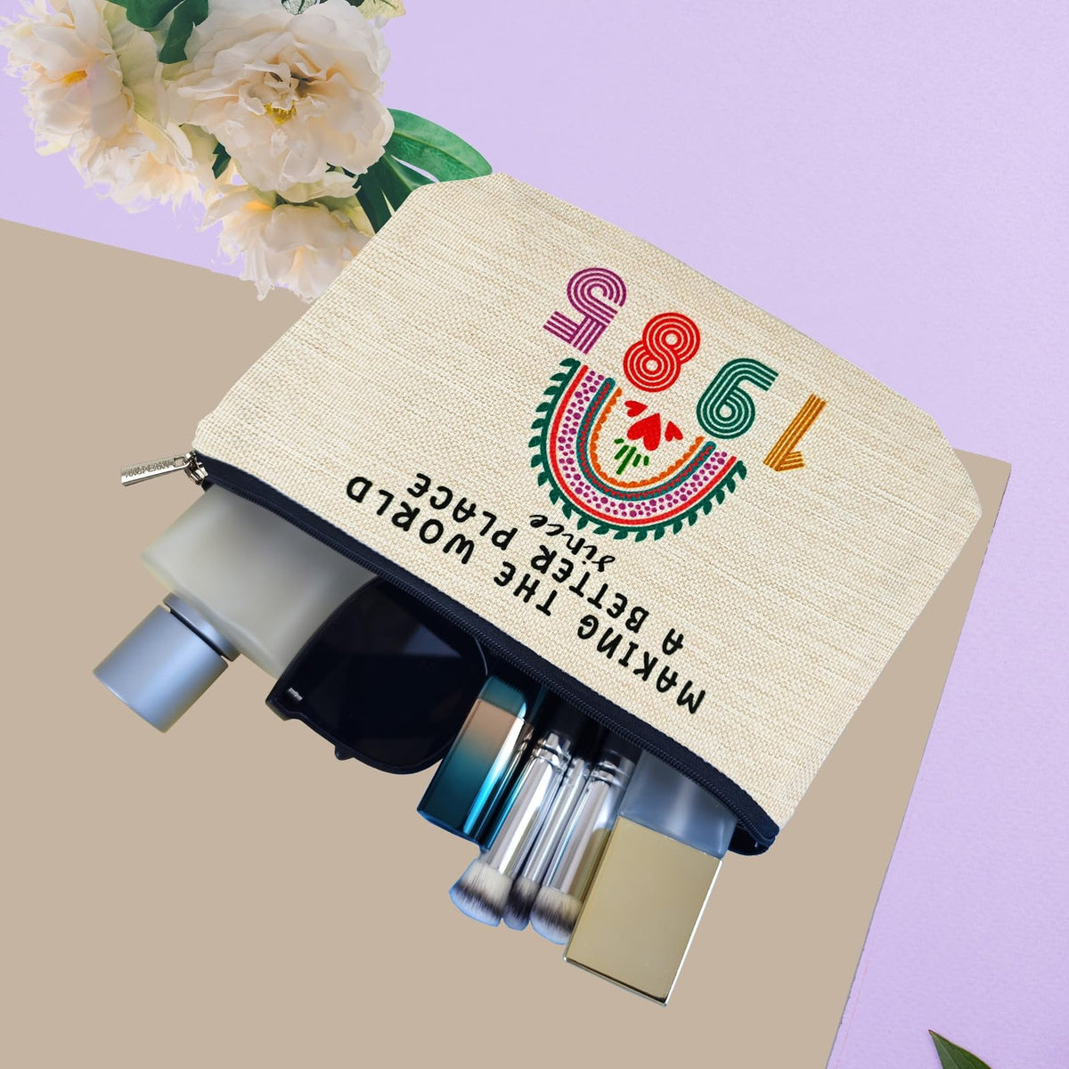 41st Birthday Makeup Bag for Women - Waterproof Flax Cosmetic Pouch
