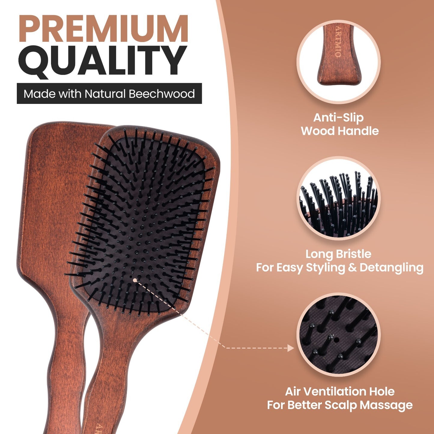 Wooden Paddle Hair Brush for Detangling & Shine - Eco-Friendly