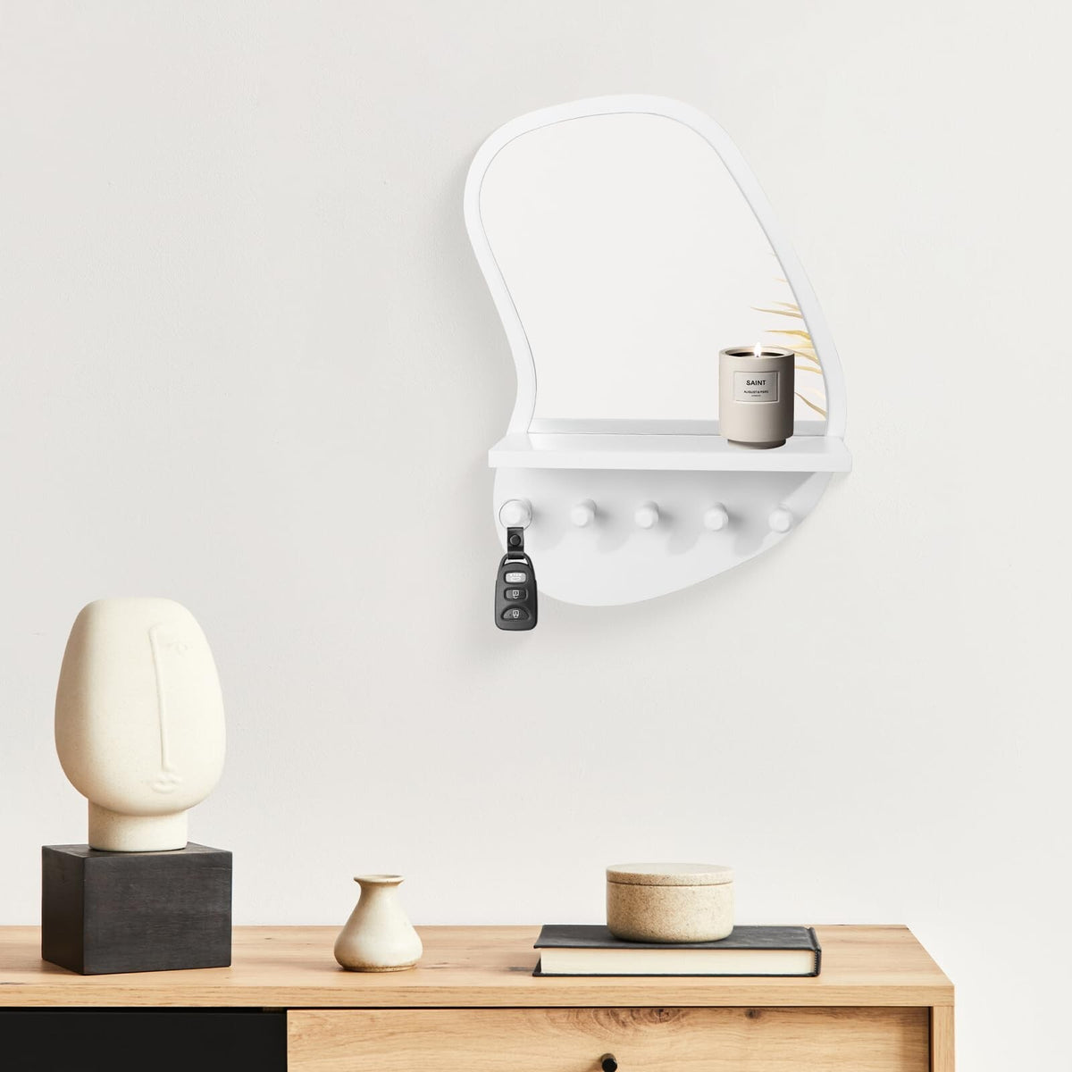 Wall Mount Wood Frame Irregular Mirror with Shelf & Hooks for Entryway, Bedroom, Living Room