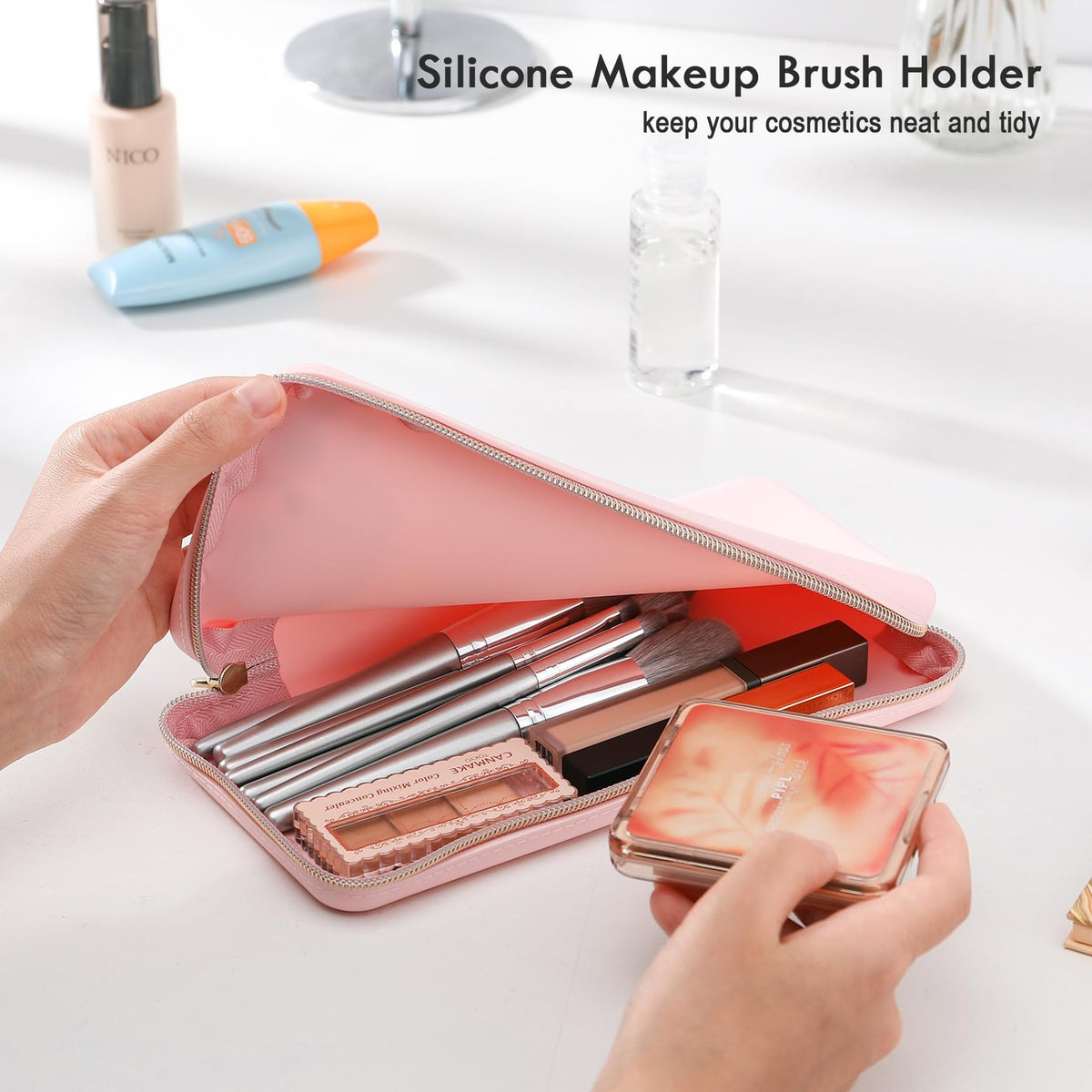 Large Silicone Makeup Brush Bag with Zipper - Travel Cosmetic Pouch, Pink