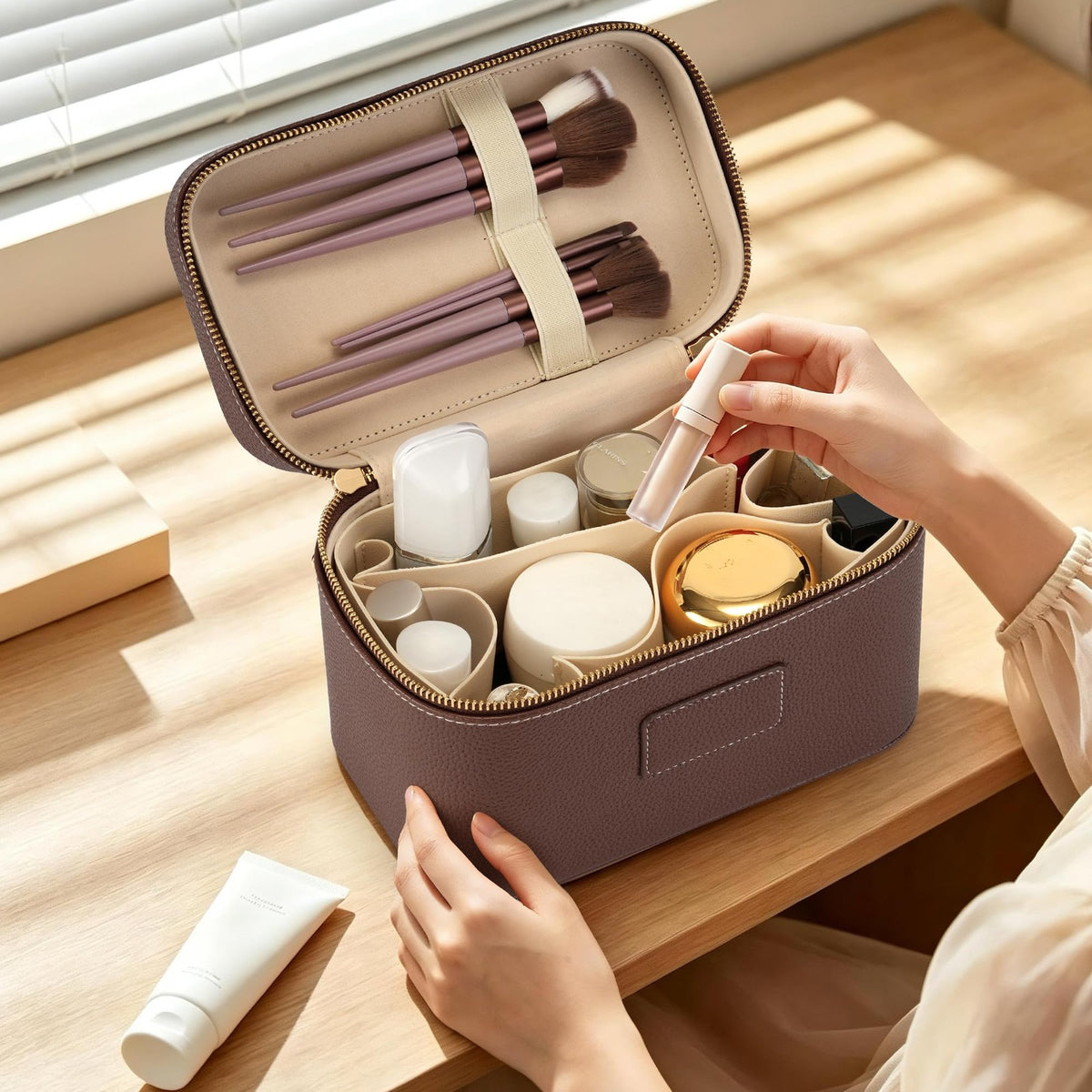 Waterproof Leather Makeup Bag with Removable Divider & Smart Organization