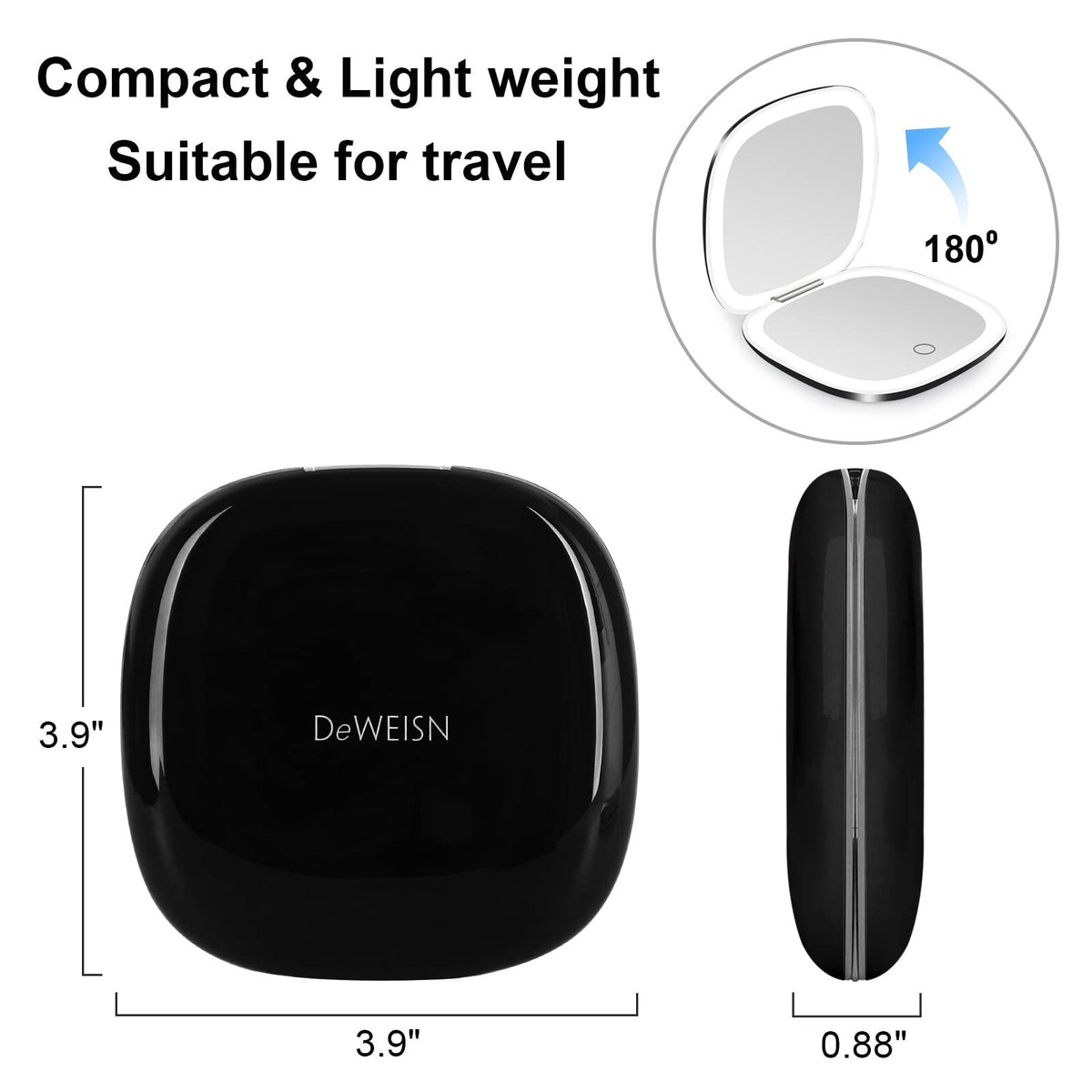 Lighted Travel Makeup Mirror with 1X/10X Magnification, Dimmable LED, USB Rechargeable, Portable Compact