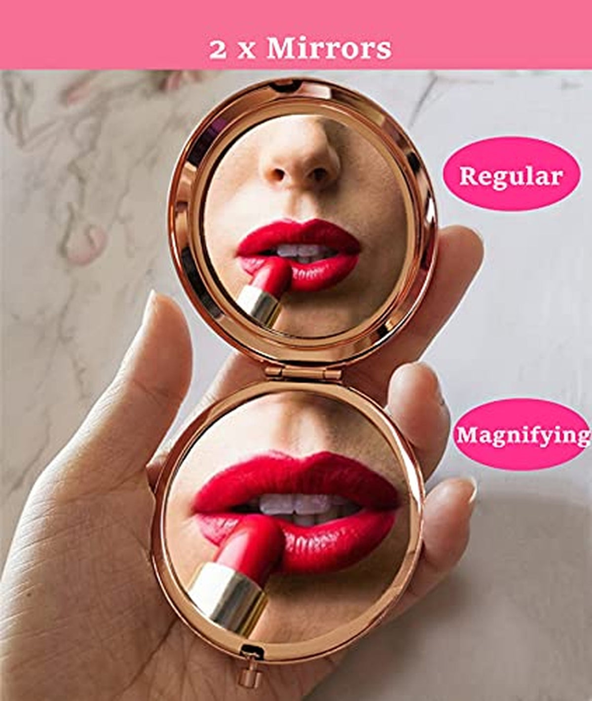 Personalized Compact Mirror for Sisters - Heart & Rose Gold, 2x Magnification