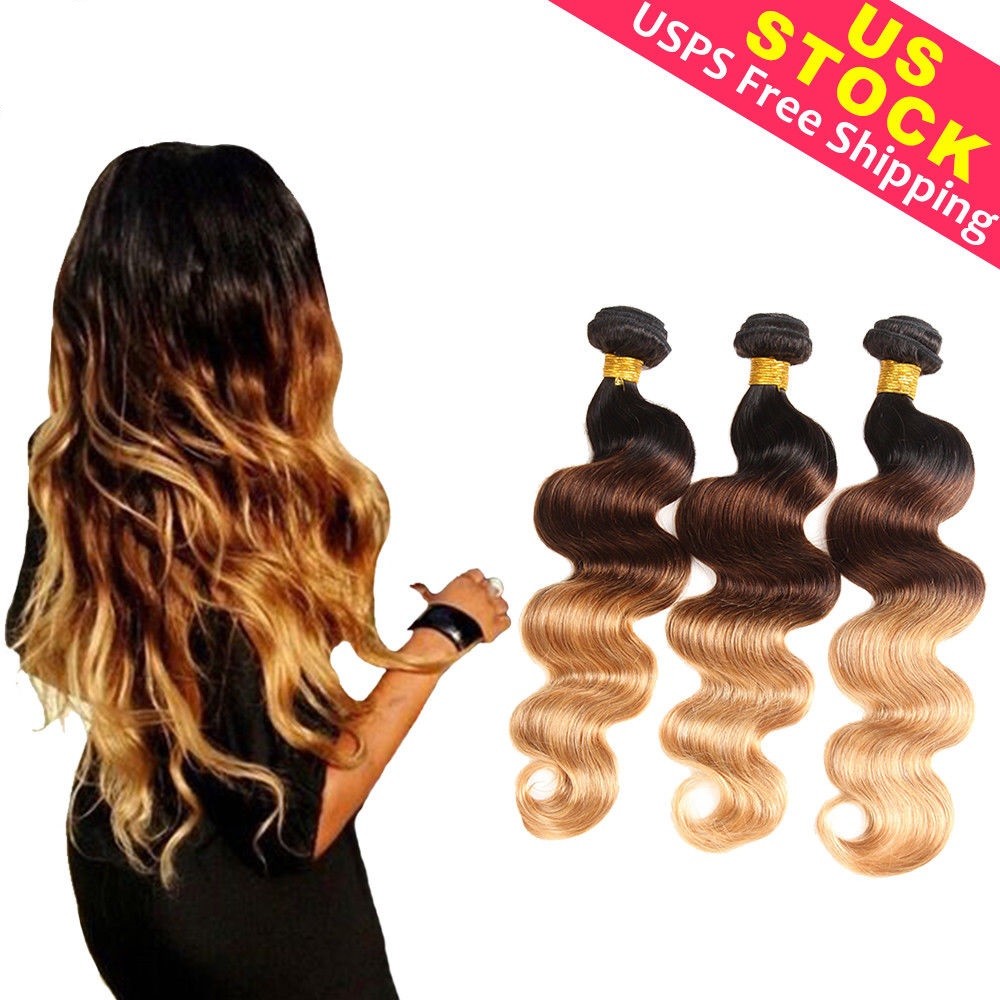 100% Human Hair Weave: Ombre Body Wave 1 Bundle 14-20in (1B/4/27)